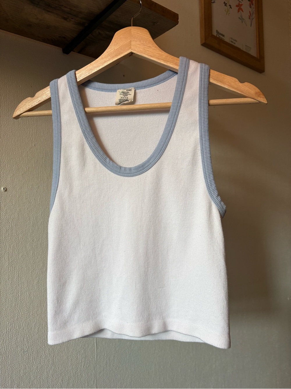 Classic White Tank Top with Sky Blue Trim - Ribbed Scoop Neck